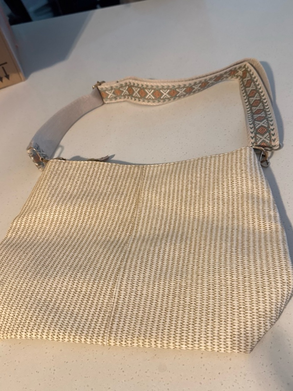Woven Beige Shoulder Bag with Decorative Strap